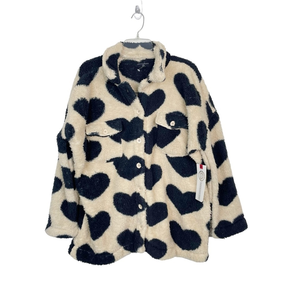 Dictionary Heart Print Sherpa Button Down Sweater, Medium